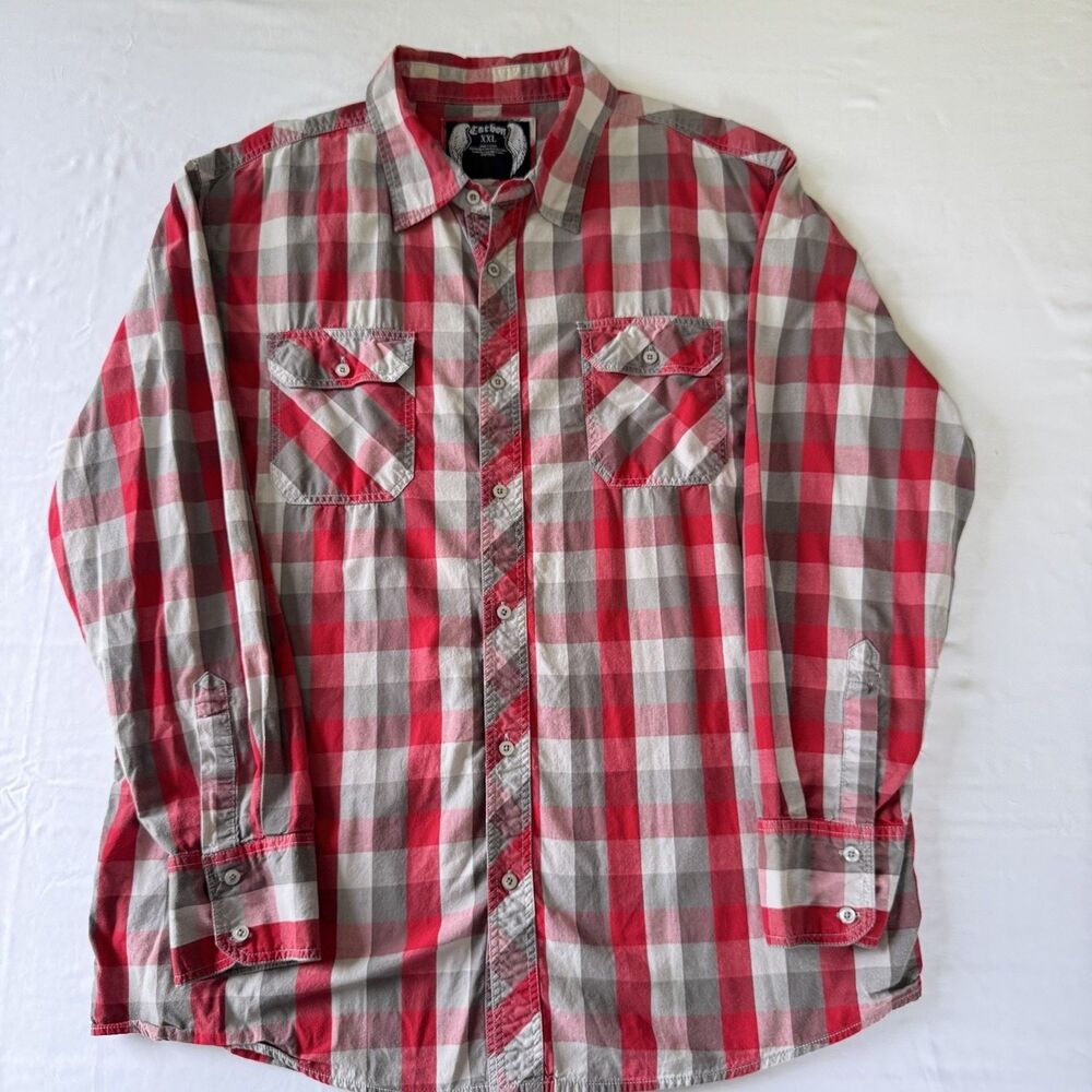 Carbon Button-Up XXL Multicolor Mens Red Plaid Dual Pocket Long Sleeve